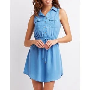 Chambray Gathered Waist Sleeveless Mini Shirt Dress