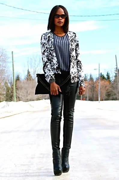 Black and White Floral Printed Blazer with Vertical Striped Blouse