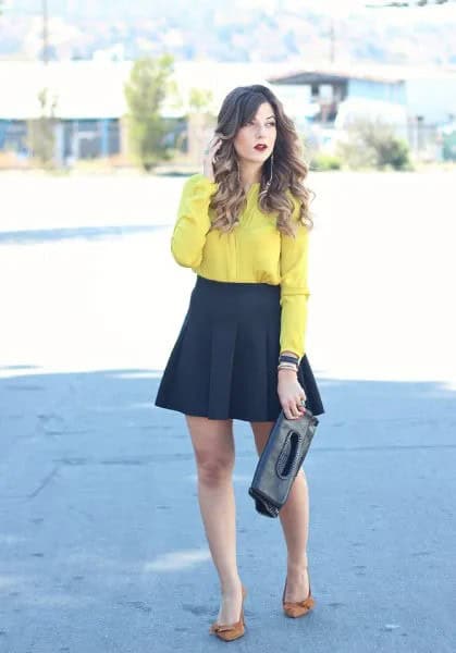 Yellow Button Up Shirt with Black Mini Flared and Pleated Skirt