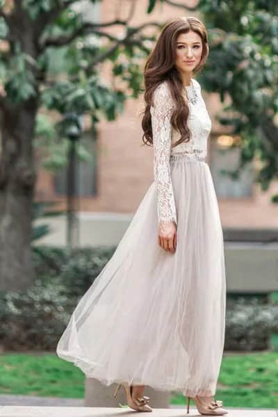 White Lace Blouse with Light Grey Maxi Tulle Skirt