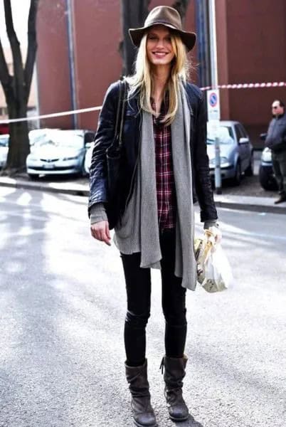 Black Leather Jacket with Grey Cardigan & Plaid Shirt