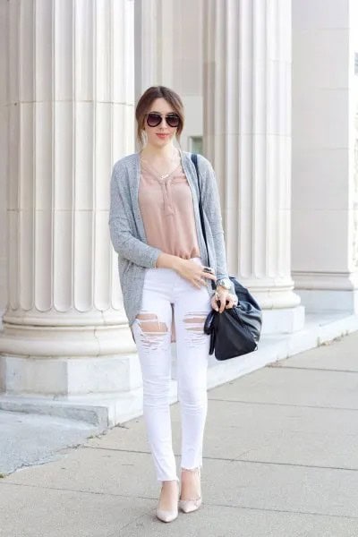 White Distressed Jeans with Pink Top & Grey Cardigan