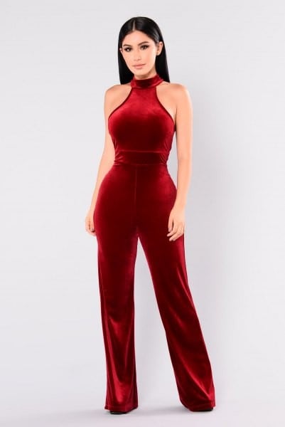 Red Halter Neck Velvet Wide Leg Jumpsuit