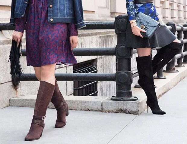 Black Suede Wide Calf Boots with Skater Dress