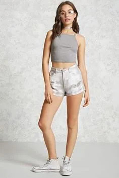 Grey Cropped Ribbed Tank Top with Mini Off White Shorts