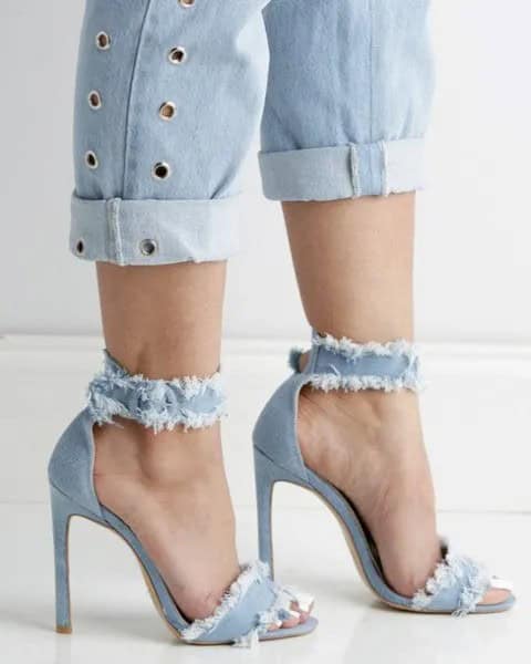 Cuffed Boyfriend Jeans with Ripped Denim Open Toe Heels