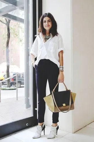 White Oversized Shirt with High Rise Dress Pants & Light Grey Heeled Boots