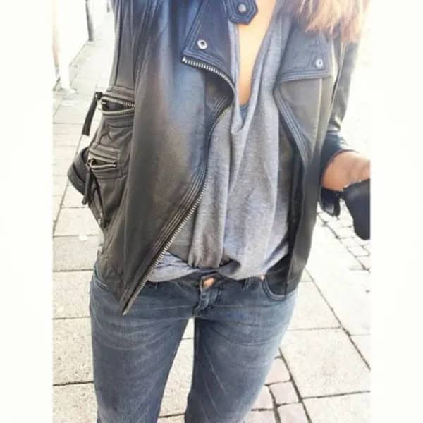 Black Oversized Leather Jacket with Grey Draped Top & Slim Fit Jeans