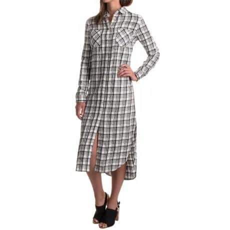 Grey and White Rayon Plaid Midi Shirt Dress