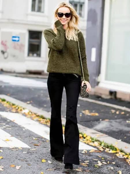 Green Ribbed Knit Sweater with Black Flared Pants