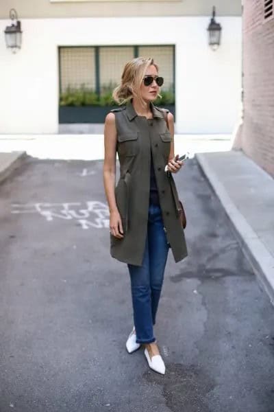 Olive Green Long Vest with Dark Blue Skinny Jeans