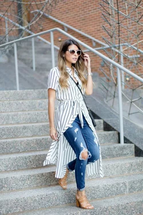 Black Striped Tie-around-waist Long Shirt