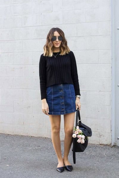 Black Ribbed Knit Sweater with Dark Blue Button Front Denim Mini Skirt