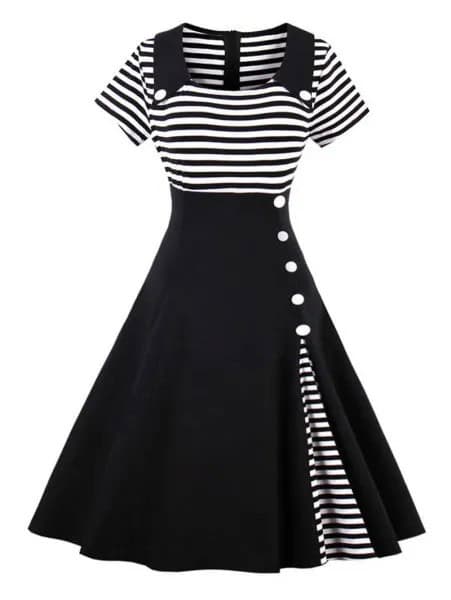 Black and White Striped Two-Toned Pin Up Flared Midi Dress