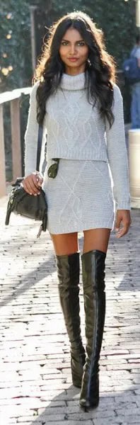 White Two-Piece Turtleneck Mini Bodycon Dress with Leather Long Boots