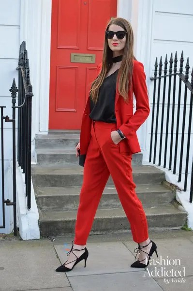 Red Suit with Black Scoop Neck Top & Choker