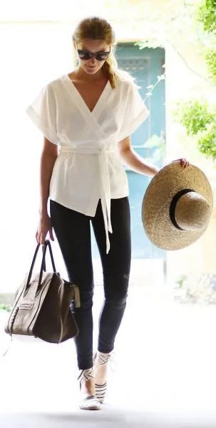 White Tie Waist Wrap Kimono with Black Skinny Jeans