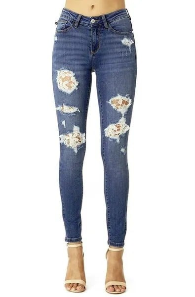 Dark Blue Lace Skinny Jeans with Pale Pink Open Toe Heels