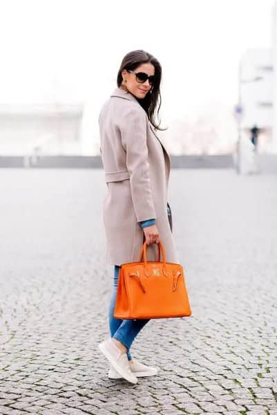 Grey Long Wool Coat with Blue Jeans & Canvas Shoes