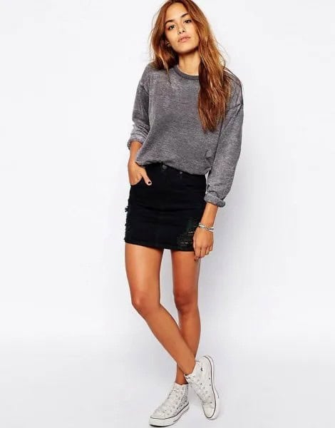 Grey Velvet Sweatshirt with Black Denim Skirt