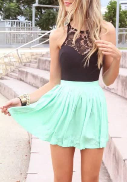 Black Halter Top with Lace Details & White Skater Skirt