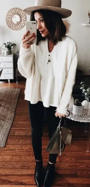 V Neck Sweater with Blush Pink Hat & Black Jeans