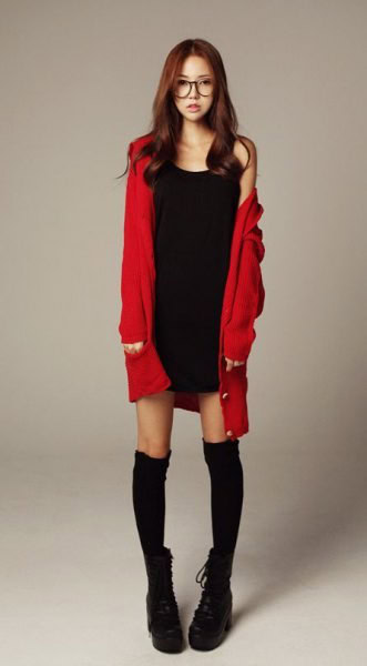 Red Long Cardigan with Black Mini Shift Dress