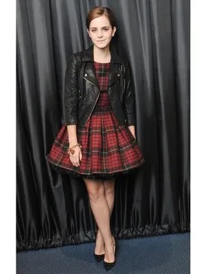 Red and Black Plaid Skater Dress with Leather Jacket