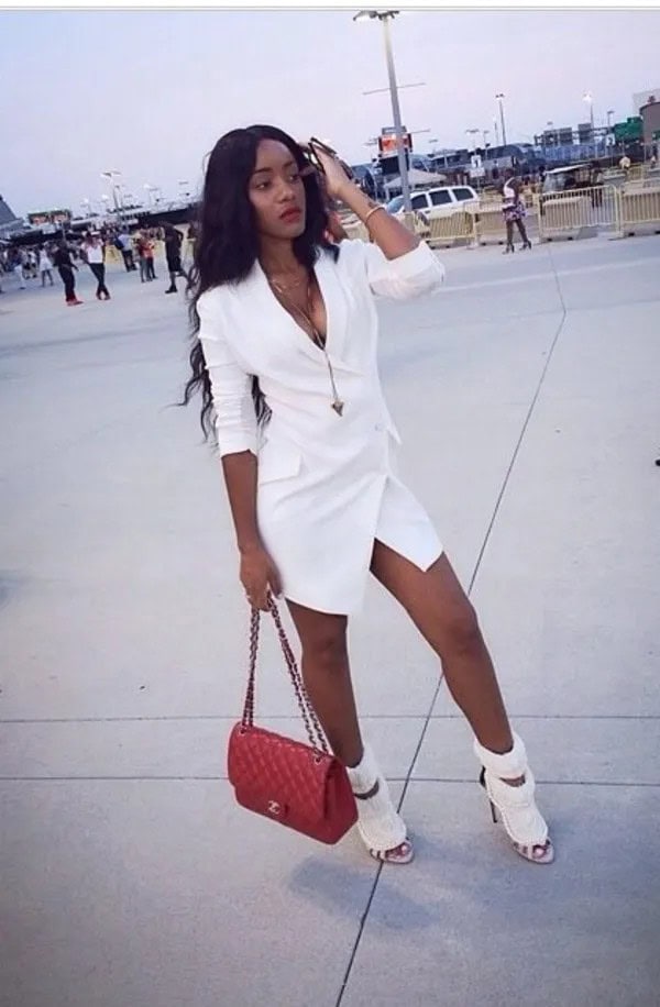 Red Bag and White Blazer Dress