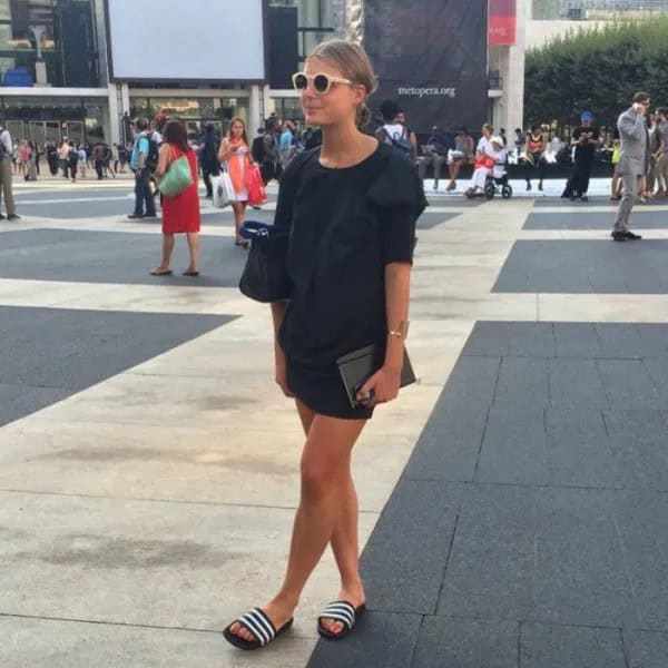 Shift Mini Dress & Black Slide Sandals with White Stripes