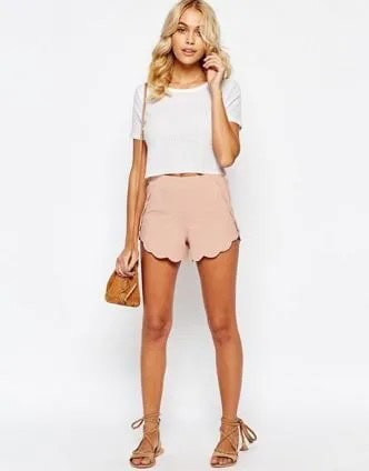 White Cropped T Shirt with Pale Pink Scalloped Hem Shorts