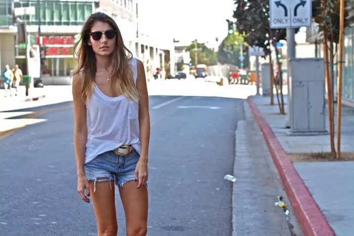 White Scoop Neck Tank Top with Cut Off Denim Shorts