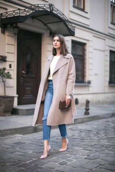 Grey Longline Winter Wool Coat with Blue Slim Fit Cropped Jeans