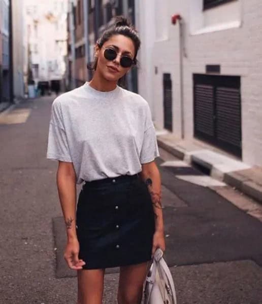 Grey T Shirt with Black Denim Button Front Mini Skirt