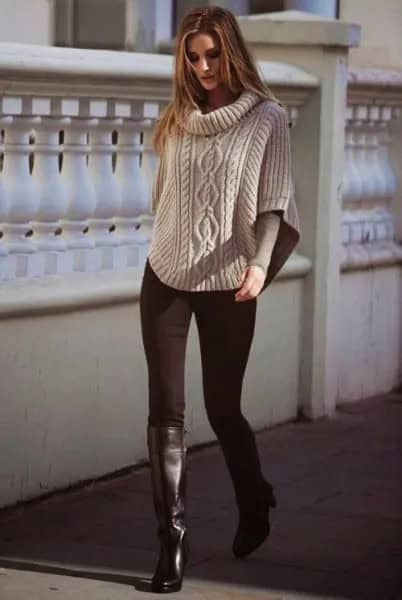 Cable Knit Cape Sweater with Boots