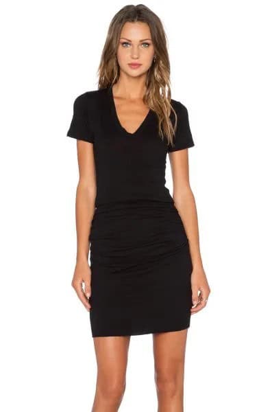 Black Short Sleeve V Neck Ruched Bodycon Mini Dress