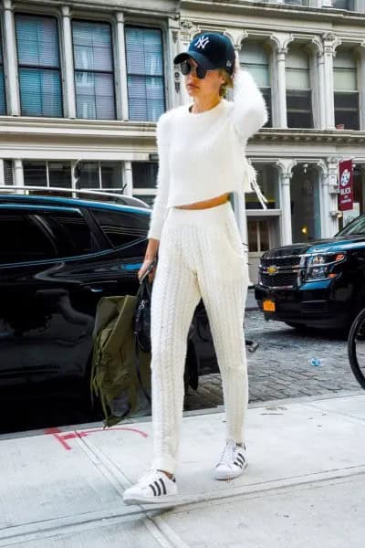 Cropped Sweater with White Crochet Jogger Pants