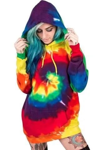 Red, Blue and Yellow Tie Dye Tunic Hoodie Dress with Thigh High Boots