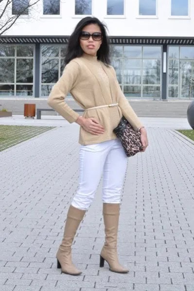 Crepe Belted Cardigan with Matching Knee High Boots & White Jeans