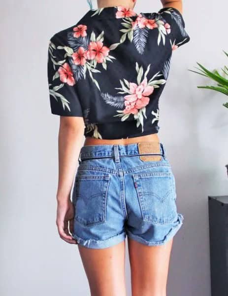 Cropped Black Hawaiian Shirt with Blue Denim Cuffed Shorts