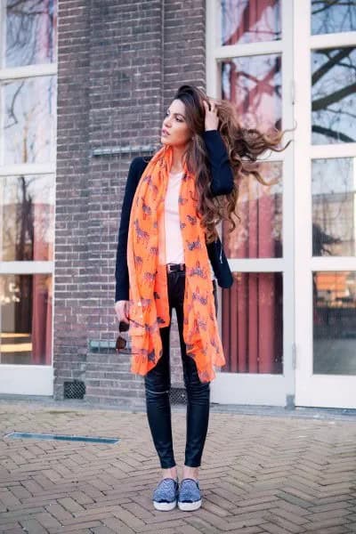 Orange Printed Chiffon Long Scarf with Black Blazer & Skinny Jeans