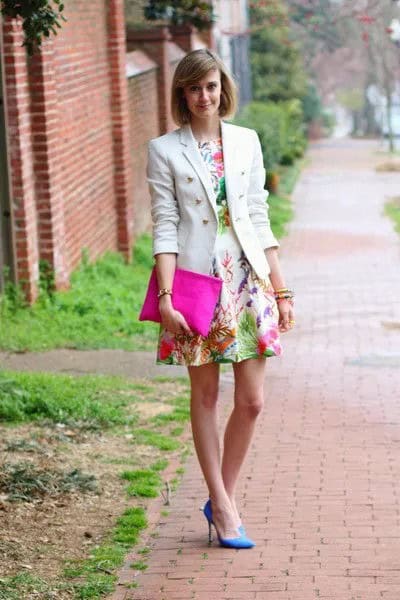 Floral Skater Dress with White Blazer