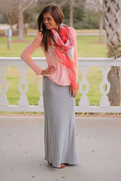 White Scoop Neck Long Sleeve Top with Grey Cotton Floor Length Skirt