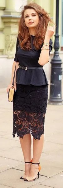 Black Tie Waist Blouse & Midi Lace Skirt