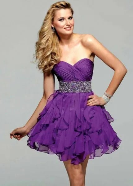 Purple Sweetheart Belted Ruffle Mini Cocktail Dress