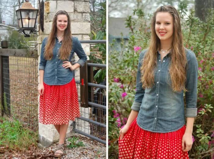 Chambray Shirt with Red Pleated Polka Dot Skirt