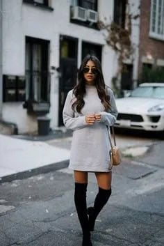 Grey Crew Neck Sweatshirt Dress with Black Thigh High Boots