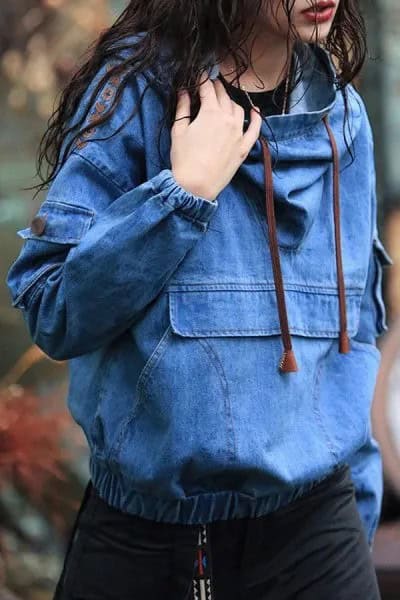 Blue Chambray Embroiderd Hoodie with Black Shift Dress