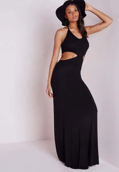 Black Cutout Maxi Dress with Floppy Hat