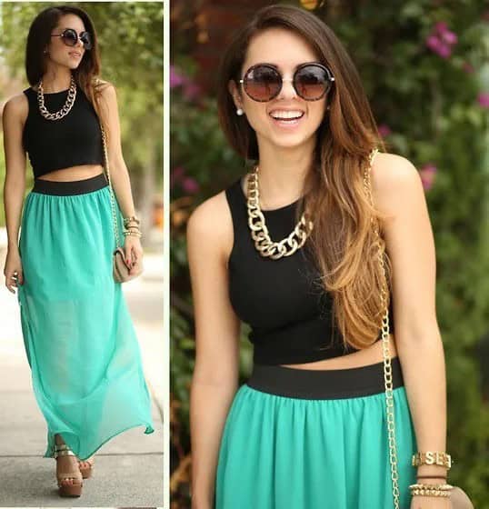 Black Crop Top with Grey Maxi Chiffon Skirt & Chain Necklace